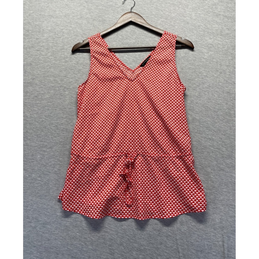 Banana Republic Top Womens XS Red White Triangle Print Double V-Neck Tie Waist